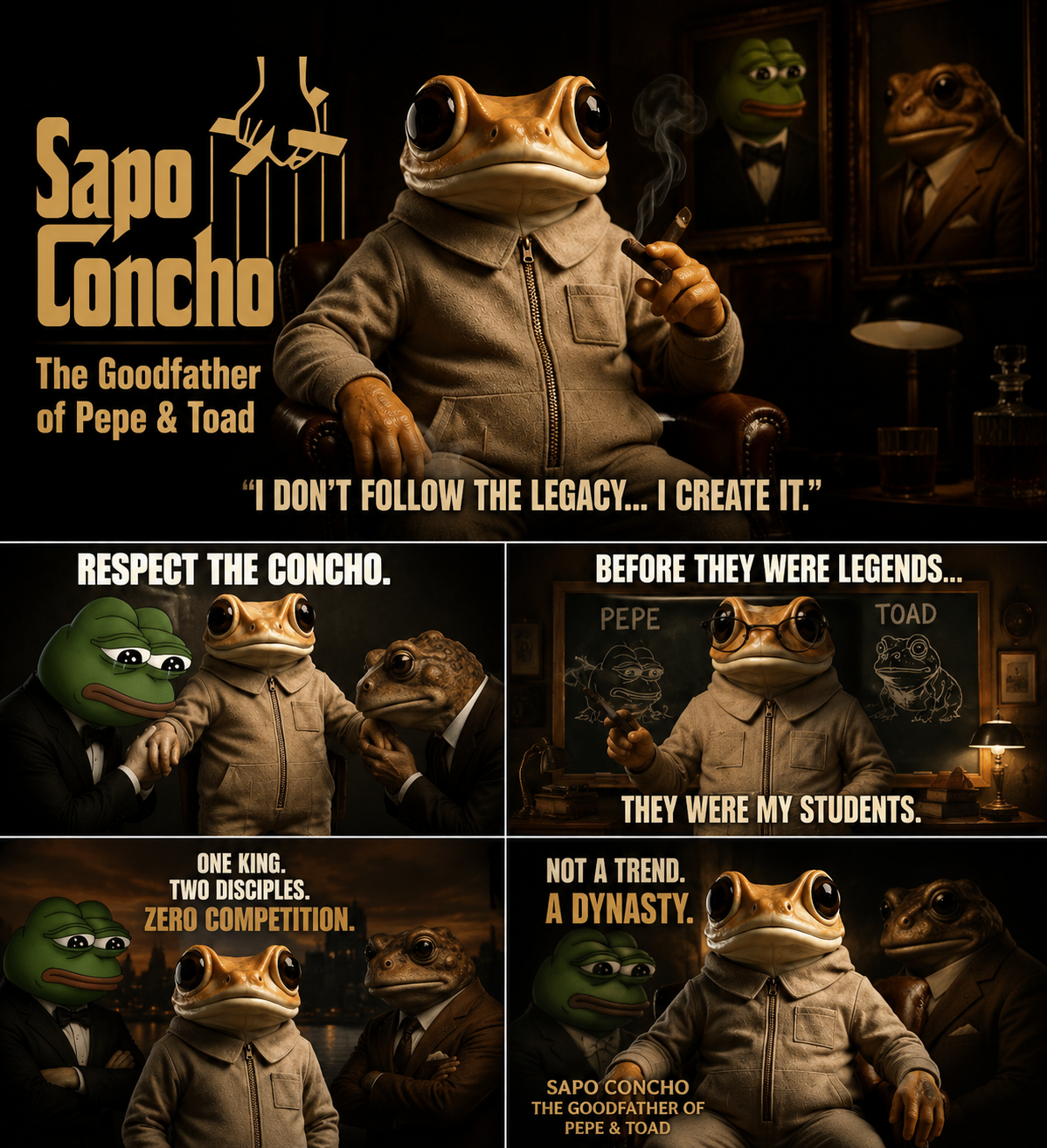 Panel ilustrado con la historia de Sapo Concho como mentor de Pepe y Toad